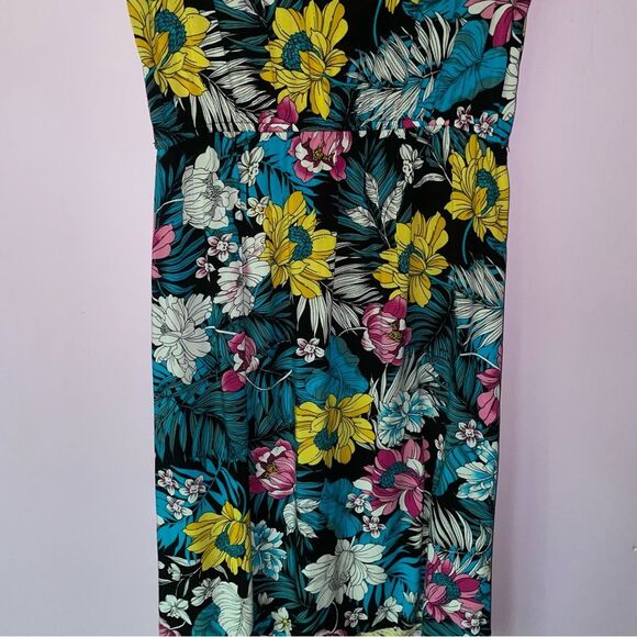 Ana Size 8 Midi Dress Black w Colorful Tropical Floral Print Ruffle Casual - Picture 8 of 9